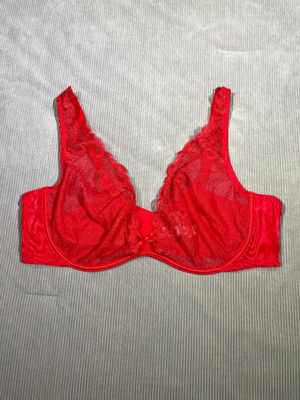 Cacique Red Sheer Mesh Lace Plunge Underwire Bra 46C Unlined Plus Size